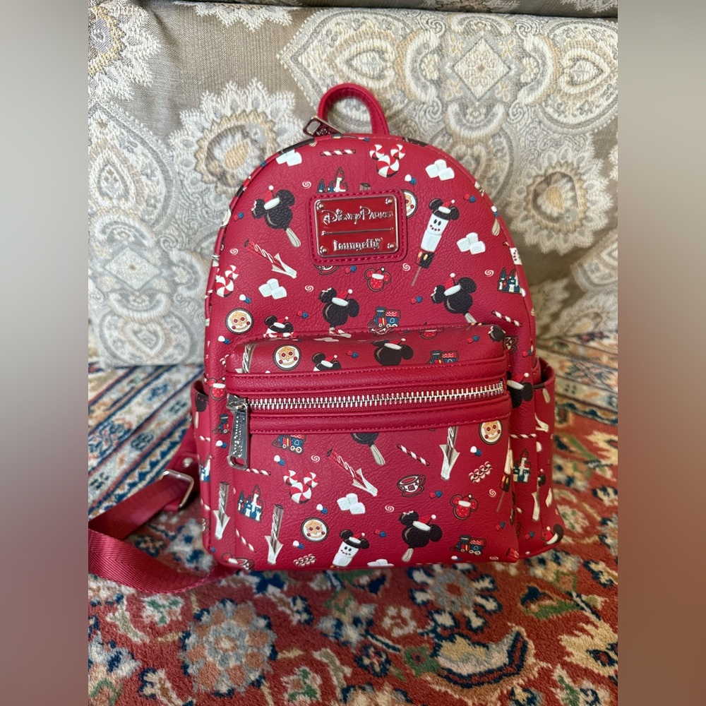 Loungefly Red Backpack with Disney Hot Chocolate Icons